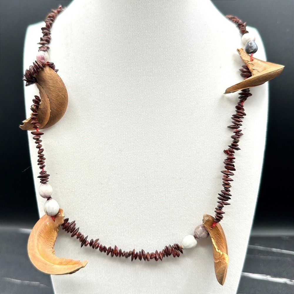 Vintage Natural Seed Pod Necklace Brown Wood Bead Strand Tropical Island Boho